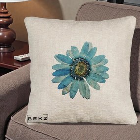 Perna Decorativa Floare Margareta Albastra Acuarela, 40x40 cm, Bej Canapea, Husa Detasabila, Perna Inclusa, BEKZ®
