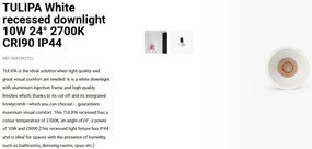 Spot LED incastrabil TULIPA White recessed downlight 10W 24° 2700K CRI90 IP44