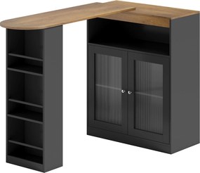HOMCOM Masă de Bar Extensibilă și Rotativă 90° cu Rafturi Deschise și 2 Uși din Sticlă 150x80x105,5 cm Negru și Natural | Aosom Romania