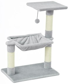 PawHut Arbore de pisici 3 dălți zgărie sisal natural platformă hamac și minge suspendată 50 x 26 x 70 cm pluș scurt gri | Aosom Romania