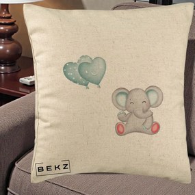 Perna Decorativa, Model Elefant si baloane in forma de inimioare, 40x40 cm, Bej, Husa Detasabila, Perna Inclusa, BEKZ®
