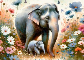 Tablou - Mama elefant, acuarelă (70x50 cm)