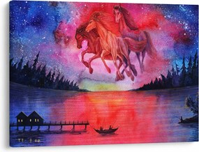 Tablou - Apariția cailor spațiali peste lac, acuarelă (70x50 cm)