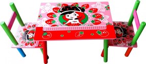 Masuta copii din MDF cu doua scaune Novokids™ My first table, dimensiuni 59X39X40, Suprafata lucioasa, Model Capsunica, Rosu cu Roz