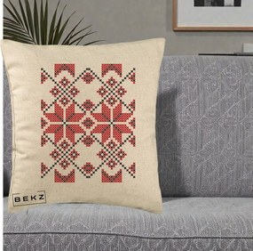 Perna Personalizata Motiv Traditional Cusatura Rosu-Negru, 40x40 cm, Bej, Husa Detasabila, Perna Inclusa, BEKZ®