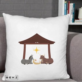 Perna Decorativa Ieslea din Betleem cu Iesle Asin si Bou, 40x40 cm, Alb Pufos, Husa Detasabila, Perna Inclusa, BEKZ®