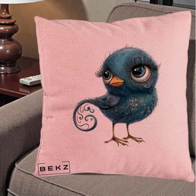 Perna Decorativa Pasare Teal cu Motive Aurii si Coada Spiralata, 40x40 cm, Roz, Husa Detasabila, Perna Inclusa, BEKZ®