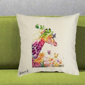 Perna Decorativa Girafa Curcubeu Acuarela, 40x40 cm, Ecru, Husa Detasabila, Perna Inclusa, BEKZ®