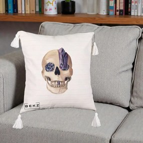 Perna Decorativa Craniu cu Cristale de Ametist, 40x40 cm, Bej cu Franjuri, Husa Detasabila, Perna Inclusa, BEKZ®