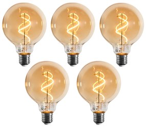 Set de 5 becuri LED E27 cu filament spiralat, dimabile, G95 aurii 4W 270LM 2100K