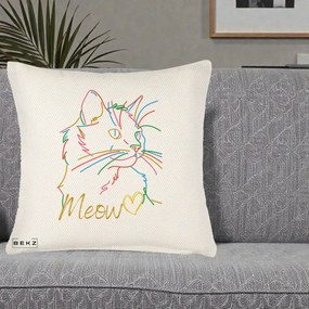 Perna Personalizata Pisica Meow Arta Linie Colorata, 40x40 cm, Crem Reliefat, Husa Detasabila, Perna Inclusa, BEKZ®