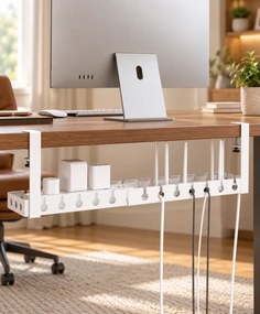 Organizator de cabluri sub birou, extensibil 43–74 cm, lățime 14 cm, prindere fără găurire, oțel carbon, Alb