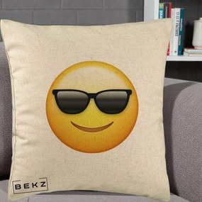 Perna Decorativa Emoji Cool Ochelari, 40x40 cm, Bej, Husa Detasabila, Perna Inclusa, BEKZ®