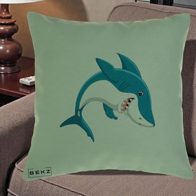Perna Decorativa Rechin Albastru Cartoon, 40x40 cm, Verde, Husa Detasabila, Perna Inclusa, BEKZ®