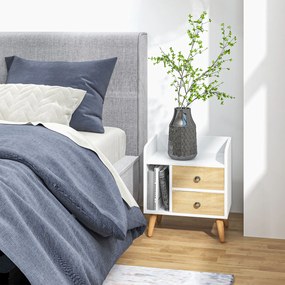 HOMCOM Noptieră cu 2 sertare mari, 1 raft deschis și picioare înalte din pin, design nordic, 43x30x49 cm | Aosom Romania