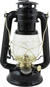 Felinar vintage negru cu petrol, din metal și sticlă, cu detalii aurii, capac de siguranță și fitil inclus, „Hurricane Lantern Black Small"