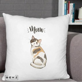Perna Personalizata Pisica Meow Acuarela, 40x40 cm, Alb Pufos, Husa Detasabila, Perna Inclusa, BEKZ®