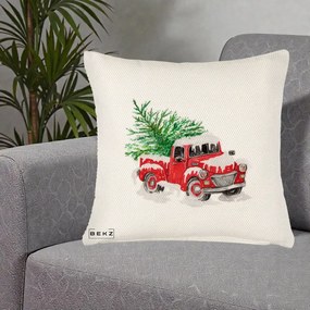 Perna Decorativa Camioneta Rosie Brad de Craciun, 40x40 cm, Crem Reliefat, Husa Detasabila, Perna Inclusa, BEKZ®