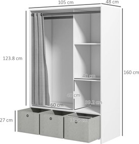HOMCOM Dulap Modern cu Bară de Agățat, 3 Compartimente și Sertare din Țesătură, Organizator de Haine pentru Dormitor, Natural | Aosom Romania