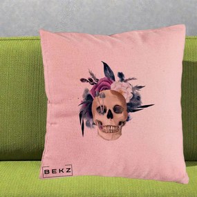 Perna Decorativa Craniu Floral cu Trandafiri si Ciuperci, 40x40 cm, Roz, Husa Detasabila, Perna Inclusa, BEKZ®