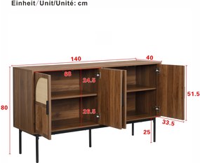 Bufet modern cu ratan, cu 4 uși și mult spațiu de depozitare, design retro-natural, 140x40x80 cm, Culoare naturală
