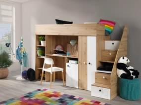 Pat pentru copii combinat 90 cm Sami 14 (Stejar artisan + alb mat + mânere negre). 1085821