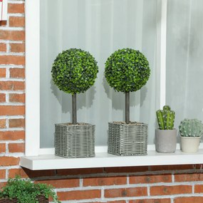 HOMCOM Set de 2 plante artificiale decorative, bile de buxus artificial 50 cm cu ghiveci din plastic împletit și pietre, verde | Aosom Romania