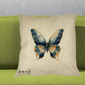 Perna Decorativa Fluture Albastru Auriu Elegant, 40x40 cm, Crem, Husa Detasabila, Perna Inclusa, BEKZ®