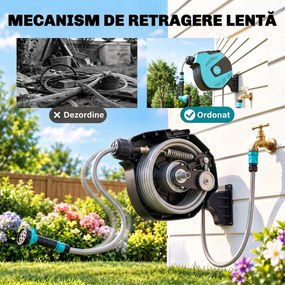 DURHAND Tambur cu Furtun de 15 m Retractabil cu 7 Moduri de Irigare și Kit de Montare, 44x22,5x41 cm, Negru | Aosom Romania