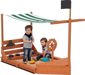 Outsunny Cutie de nisip cu copertină Corabie de pirați, incl. set de bucătărie pentru copii, lemn masiv, 180 x 103 x 144,5 cm, Verde | Aosom Romania