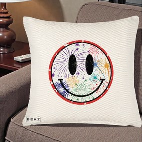 Perna Decorativa Smiley Face cu Artificii Multicolore, 40x40 cm, Crem Reliefat, Husa Detasabila, Perna Inclusa, BEKZ®
