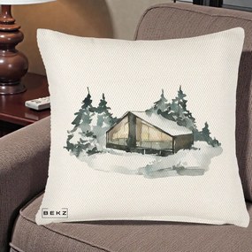 Perna Decorativa Cabana de Iarna in Padure, 40x40 cm, Crem Reliefat, Husa Detasabila, Perna Inclusa, BEKZ®
