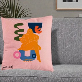 Perna Decorativa Femeie Relaxata Abstract, 40x40 cm, Roz, Husa Detasabila, Perna Inclusa, BEKZ®