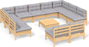 vidaXL Set mobilier de grădină cu perne, 12 piese, gri, lemn masiv pin