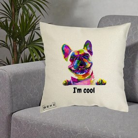 Perna Personalizata Bulldog Francez I'm Cool, 40x40 cm, Ecru, Husa Detasabila, Perna Inclusa, BEKZ®