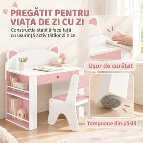 AIYAPLAY Set masă și scaun pentru copii, 3-8 ani, cu bibliotecă laterală, sertar și design vulpiță, alb | Aosom Romania