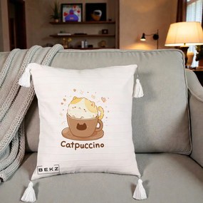Perna Decorativa Catpuccino Pisica Cappuccino, 40x40 cm, Bej cu Franjuri, Husa Detasabila, Perna Inclusa, BEKZ®