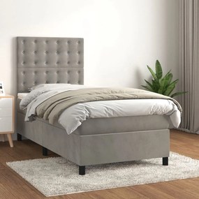 3143241 vidaXL Pat box spring cu saltea, gri deschis, 90x200 cm, catifea