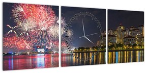 Tablou cu artificii in Singapur (cu ceas) (90x30 cm)