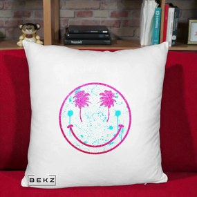 Perna Decorativa Smiley Face Tropical Glitter Roz, 40x40 cm, Alb Pufos, Husa Detasabila, Perna Inclusa, BEKZ®