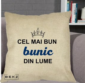 Cadou pentru Bunic - Perna Personalizata Cel Mai Bun Bunic Din Lume Coroana Albastra, 40x40 cm, Crem, Husa Detasabila, Perna Inclusa, BEKZ®
