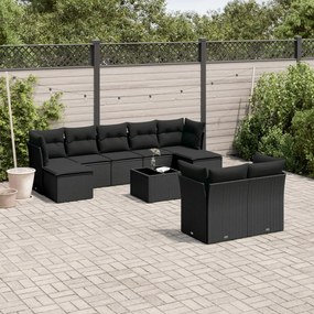 3250154 vidaXL Set canapele de grădină cu perne, 10 piese, negru, poliratan