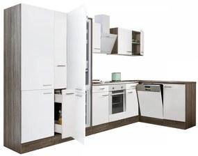 Mobilă de bucătărie de colț Yorki 370, corp din stejar Yorki, față alb satinat cu element cuptor inferior, dulap cu rafturi, frigider congelator inferior.