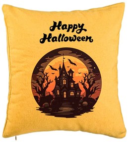 Perna Decorativa cu motiv de Halloween si Text, 40x40 cm, Galben, Husa Detasabila, Burduf