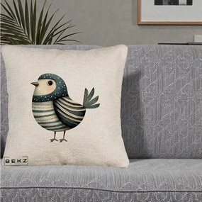Perna Decorativa Pasare Teal Decorativa Dungata, 40x40 cm, Bej Canapea, Husa Detasabila, Perna Inclusa, BEKZ®