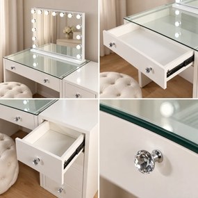 Set GLORIA – Masă de Toaletă pentru Machiaj, Oglindă Iluminată, Becuri LED, Comodă, Taburet, Alb