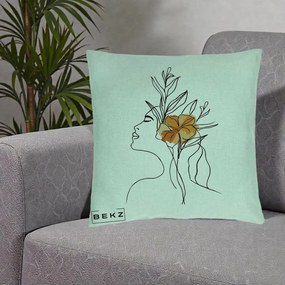 Perna Decorativa Portret Feminin Floare Portocalie Lateral, 40x40 cm, Verde Menta, Husa Detasabila, Perna Inclusa, BEKZ®
