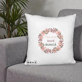 Cadou pentru Bunica - Perna Personalizata Cea Mai Buna Bunica Coronita Flori Roz, 40x40 cm, Alb Pufos, Husa Detasabila, Perna Inclusa, BEKZ®