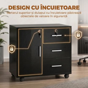 HOMCOM Dulap cu 3 Sertare, Poliță Reglabilă, Suport pentru Imprimantă și Lacăt, Negru | Aosom Romania