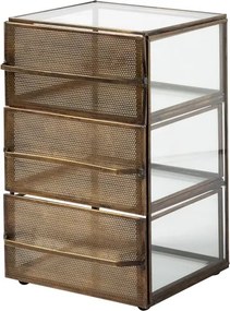 Dulăpior cu sertare din metal și sticlă, auriu, organizator cu 3 sertare cu fronturi perforate, pe picioare-bilă, 28 x 17,5 x 18 cm, „Draw”